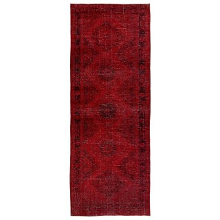Vintage Handmade Distressed Turkish Wool Runner Rug Over-dyed in Red Colors