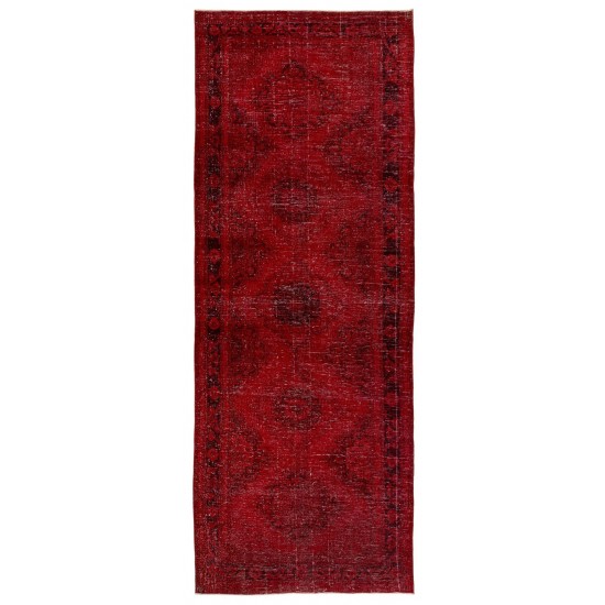 Vintage Handmade Distressed Turkish Wool Runner Rug Over-dyed in Red Colors