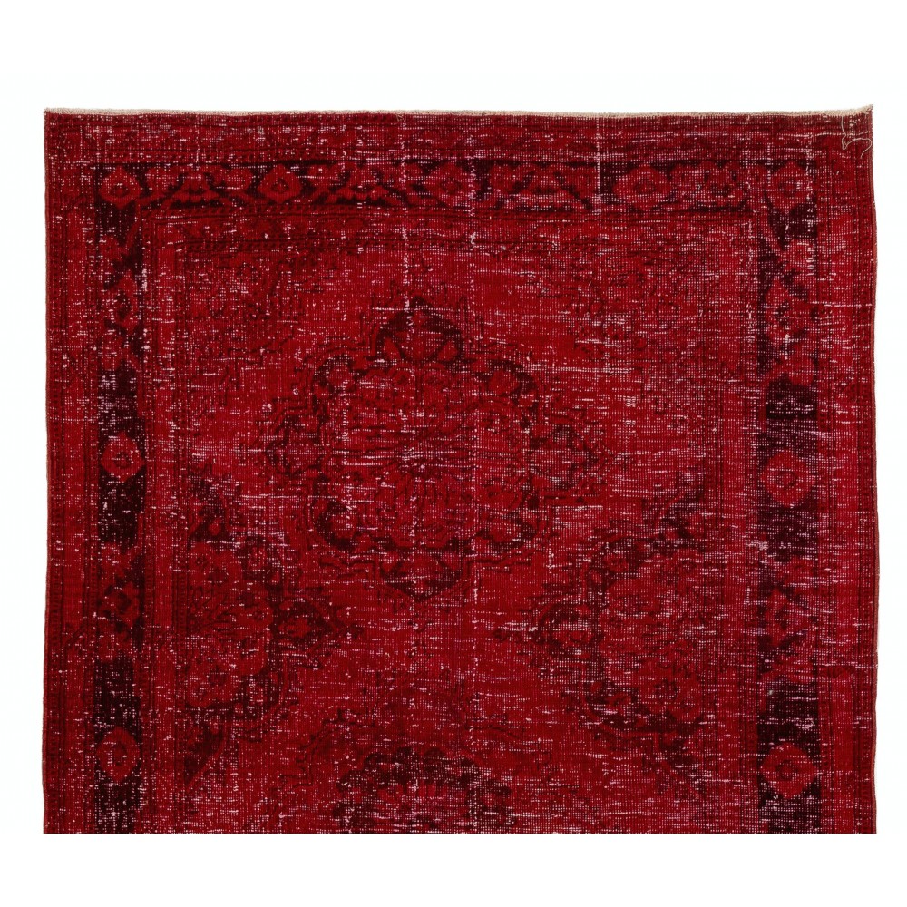 Vintage Handmade Distressed Turkish Wool Runner Rug Over-dyed in Red Colors
