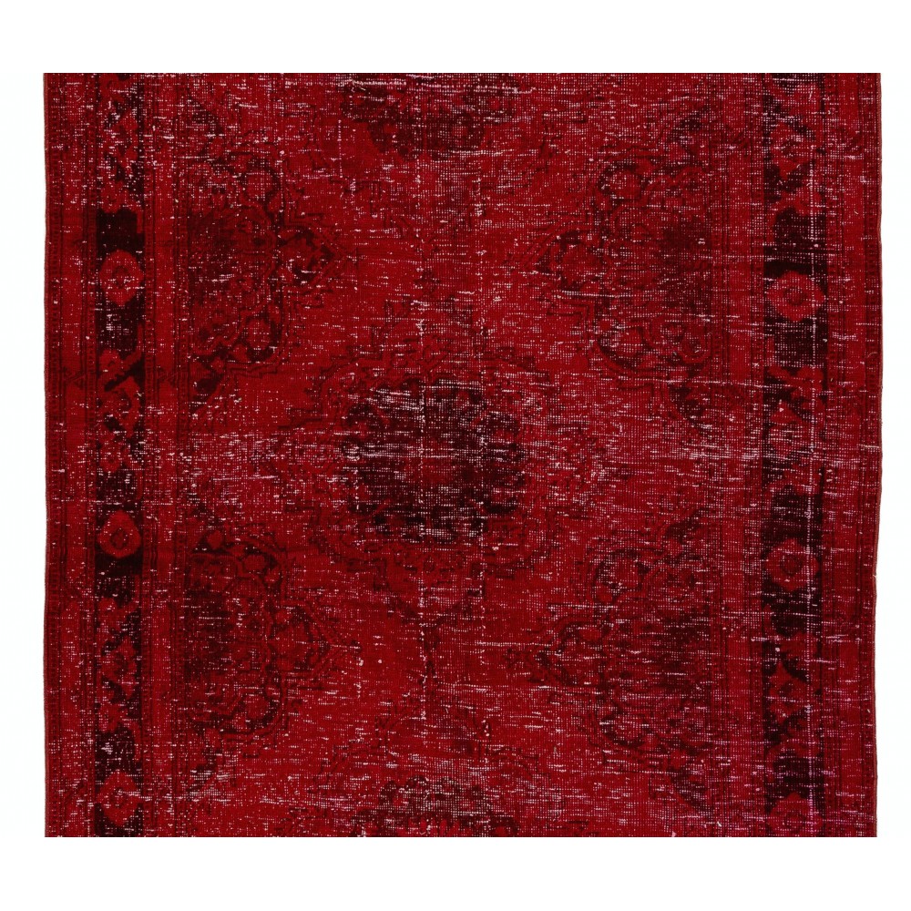Vintage Handmade Distressed Turkish Wool Runner Rug Over-dyed in Red Colors