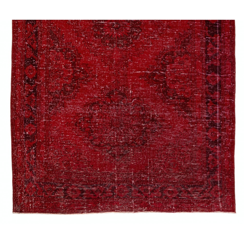 Vintage Handmade Distressed Turkish Wool Runner Rug Over-dyed in Red Colors