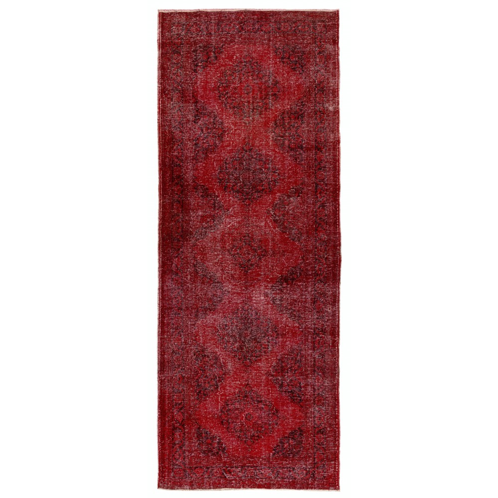 Vintage Handmade Konya Sille Runner Rug Overdyed in Red Color for Hallway Decor