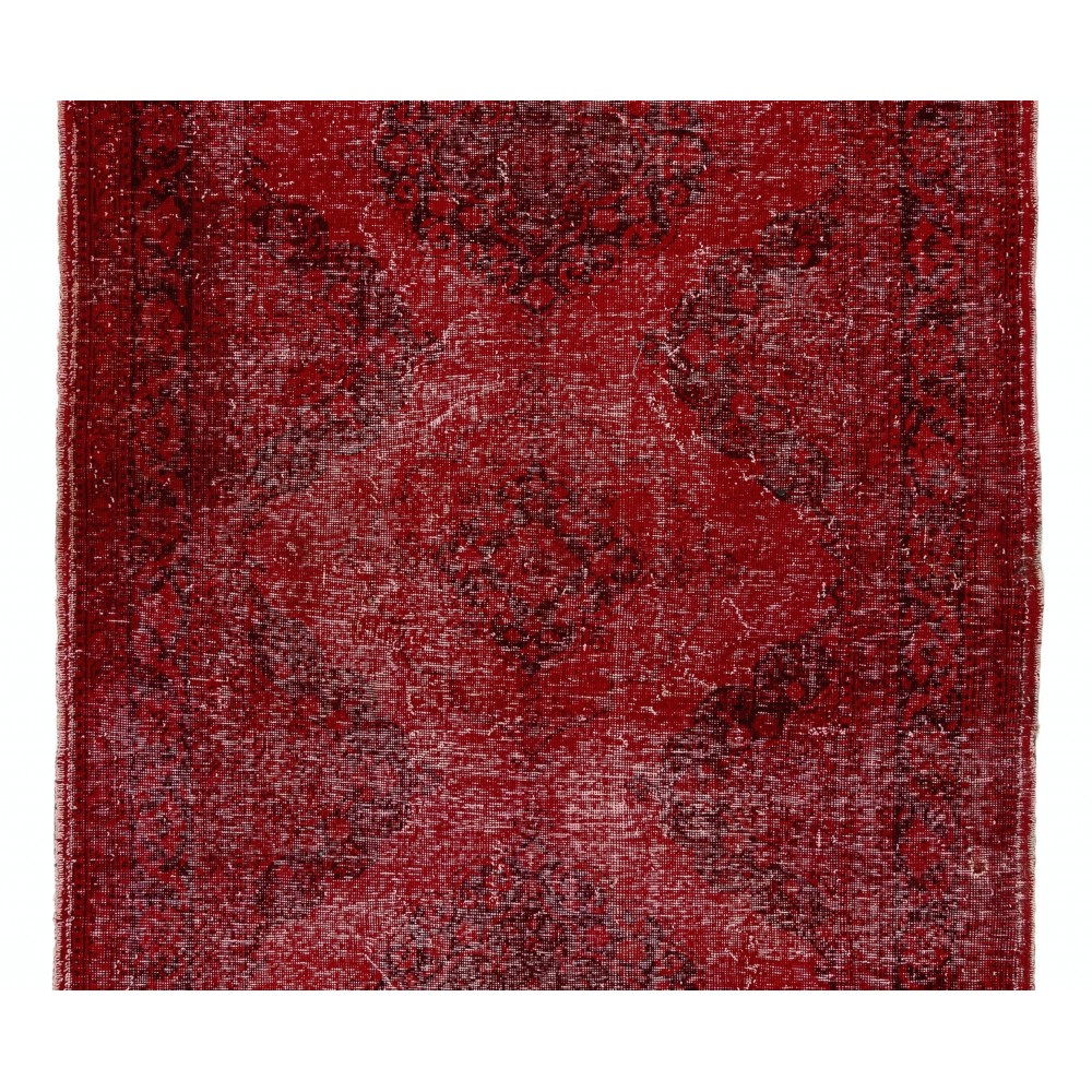 Vintage Handmade Konya Sille Runner Rug Overdyed in Red Color for Hallway Decor