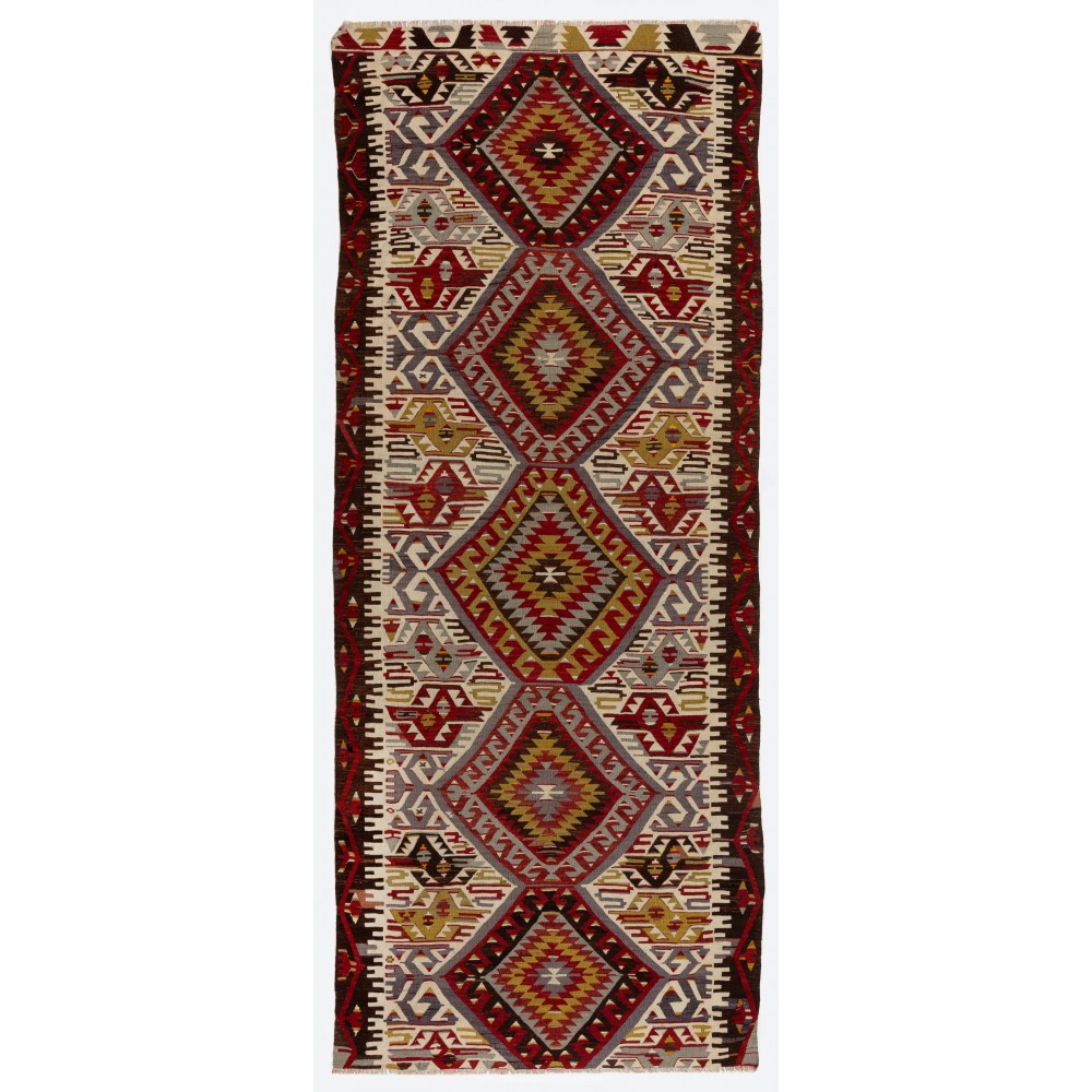Vintage Hand-Woven Runner Kilim, Flat-weave Rug, 100% Wool
