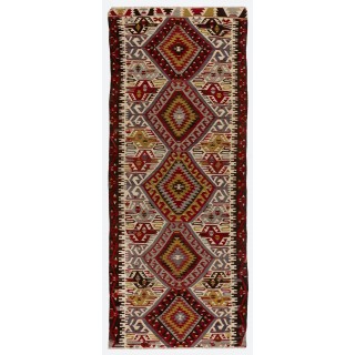 Vintage Hand-Woven Runner Kilim, Flat-weave Rug, 100% Wool