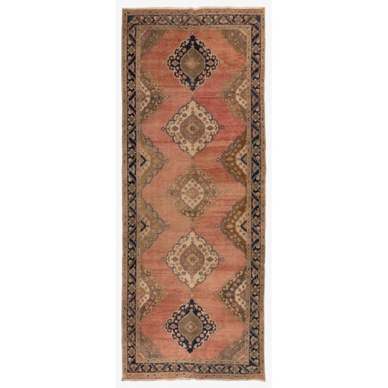 Hand-Knotted Vintage Turkish Runner Rug. Traditional Wool Carpet for Hallway
