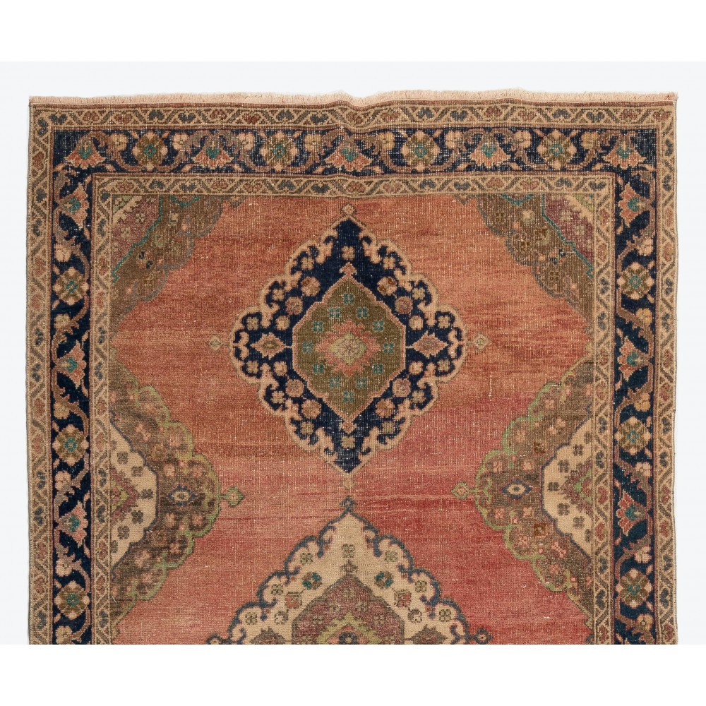 Hand-Knotted Vintage Turkish Runner Rug. Traditional Wool Carpet for Hallway