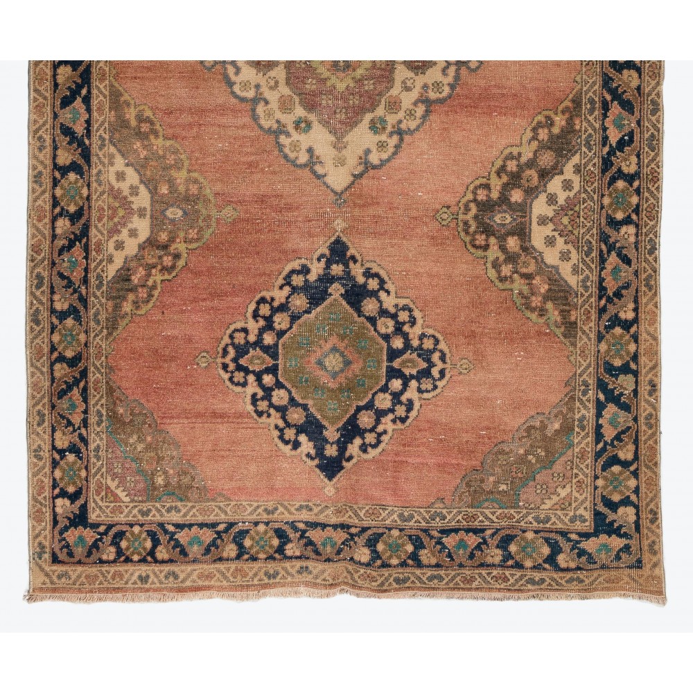 Hand-Knotted Vintage Turkish Runner Rug. Traditional Wool Carpet for Hallway