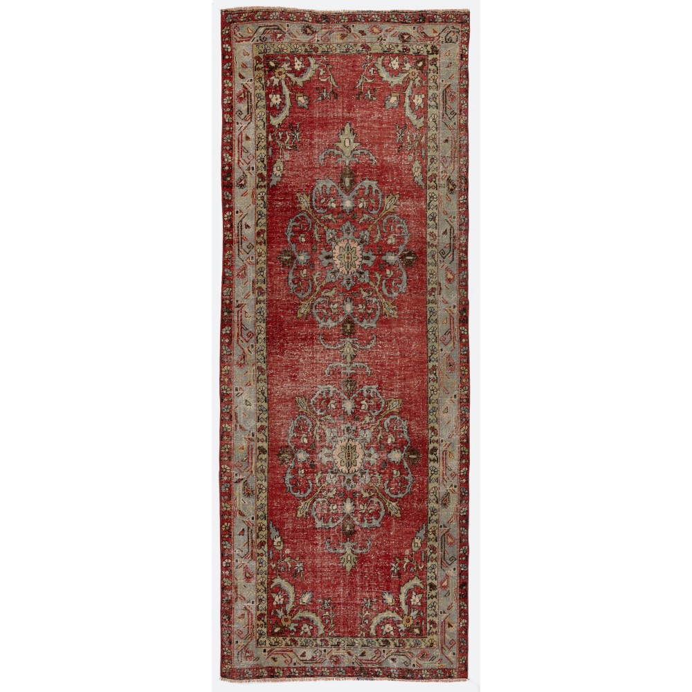 Unique Vintage Hand-knotted Wool Turkish Runner Rug