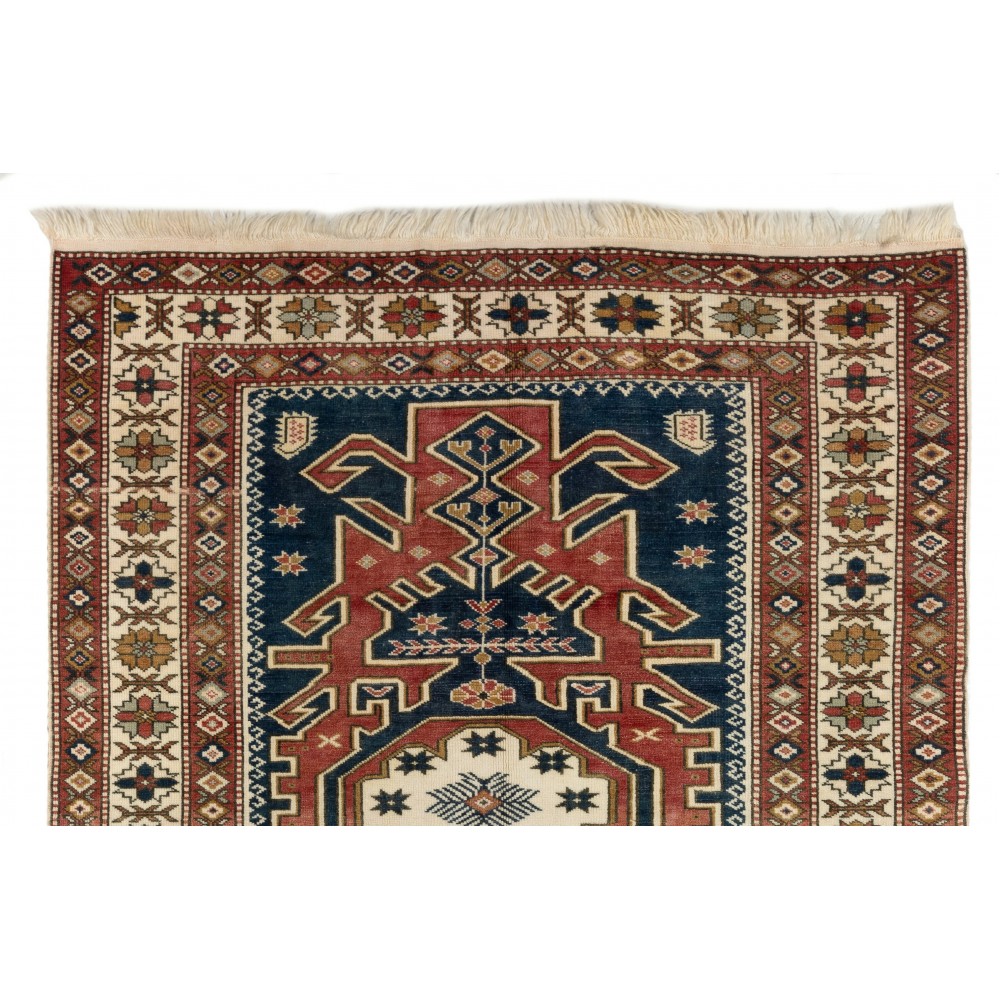 One of a kind Vintage Hand-Knotted Turkish Tribal Medallion Rug in Navy, Rust and Ivory, 100% Wool One of a kind Vintage Hand-Knotted Turkish Tribal Medallion Rug in Navy, Rust and Ivory, 100% Wool