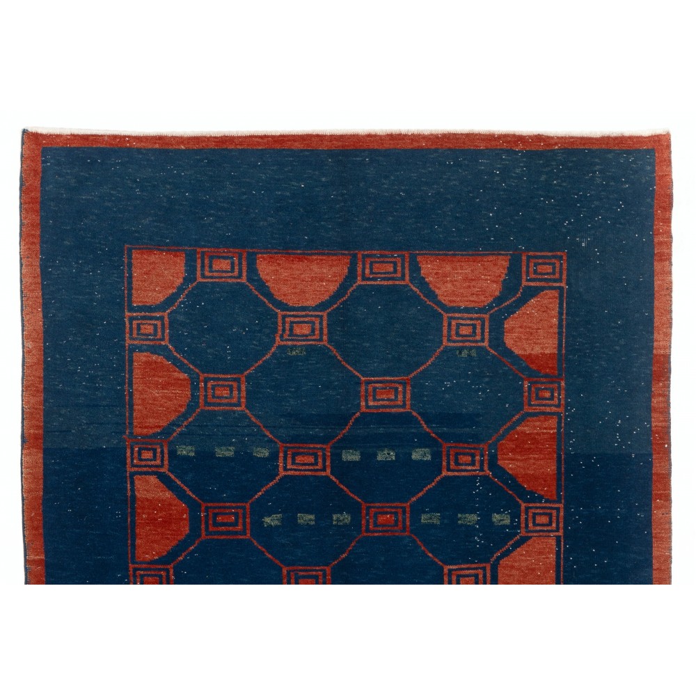 Modern Geometric Rug in Navy Blue and Red Colors, Hand-knotted Turkish Carpet, 100% Wool Modern Geometric Rug in Navy Blue and Red Colors, Hand-knotted Turkish Carpet, 100% Wool