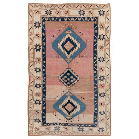  Vintage Tribal Hand-knotted Wool Turkish Area Rug in Pink and Blue