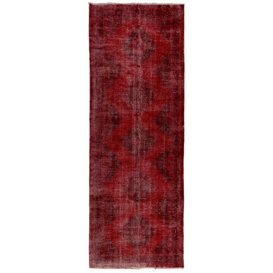 Hand-Knotted Vintage Anatolian Runner Rug Over-Dyed in Red for Hallway Decor