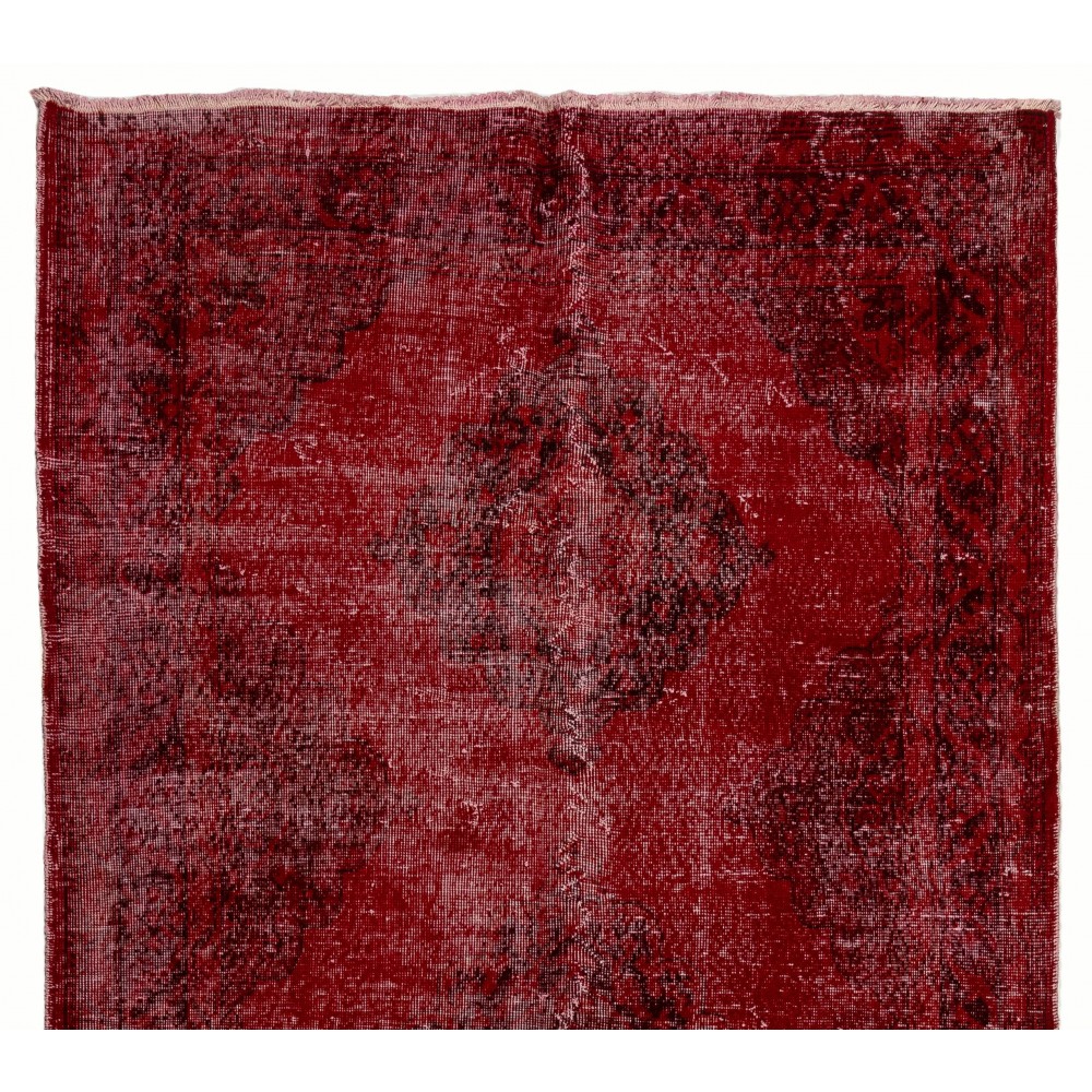 Hand-Knotted Vintage Anatolian Runner Rug Over-Dyed in Red for Hallway Decor