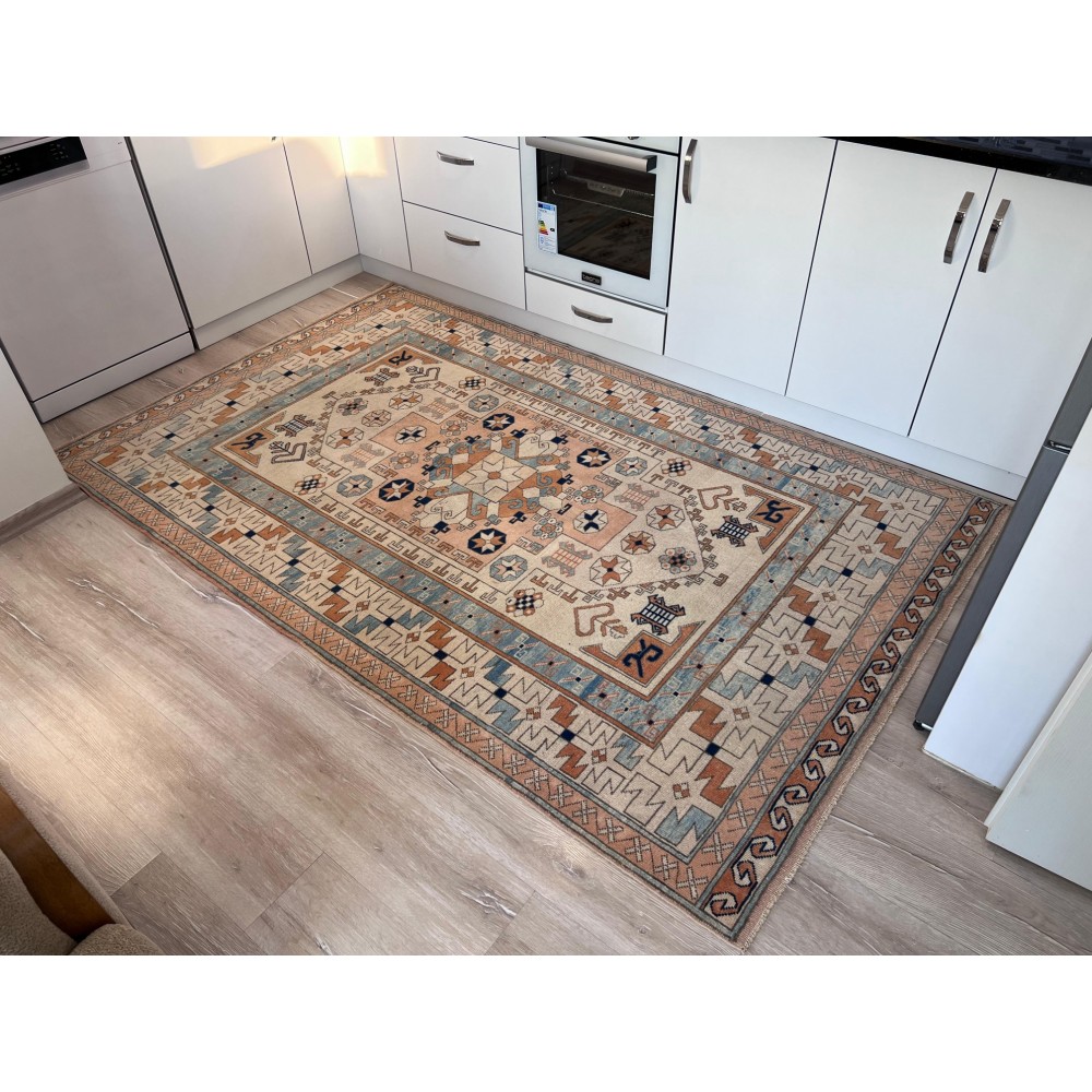 One of a Kind Vintage Hand-Knotted Turkish Geometric Medallion Rug in Ivory, Terracotta and Soft Blue, 100% Wool One of a Kind Vintage Hand-Knotted Turkish Geometric Medallion Rug in Ivory, Terracotta and Soft Blue, 100% Wool
