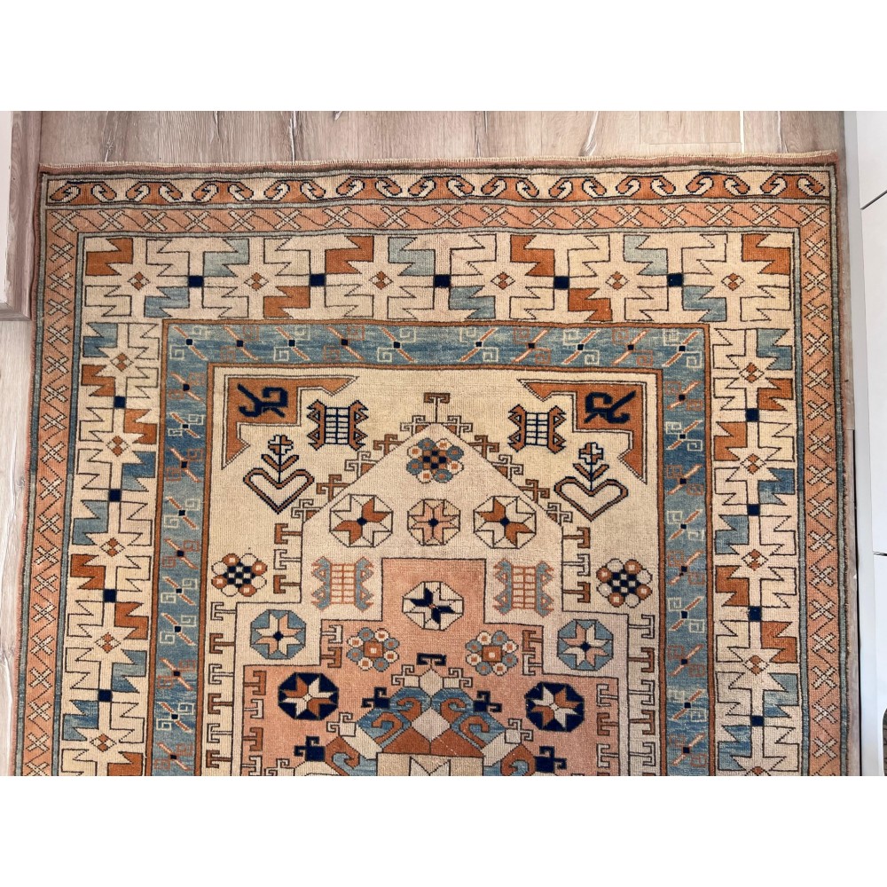 One of a Kind Vintage Hand-Knotted Turkish Geometric Medallion Rug in Ivory, Terracotta and Soft Blue, 100% Wool One of a Kind Vintage Hand-Knotted Turkish Geometric Medallion Rug in Ivory, Terracotta and Soft Blue, 100% Wool