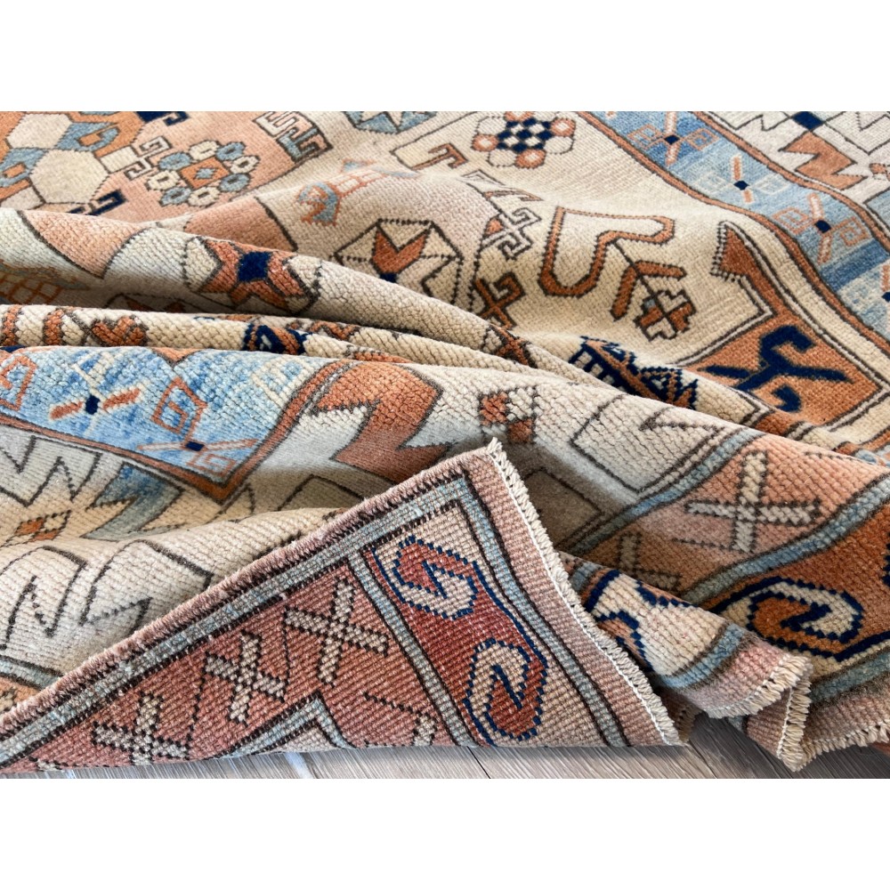 One of a Kind Vintage Hand-Knotted Turkish Geometric Medallion Rug in Ivory, Terracotta and Soft Blue, 100% Wool One of a Kind Vintage Hand-Knotted Turkish Geometric Medallion Rug in Ivory, Terracotta and Soft Blue, 100% Wool