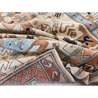 One of a Kind Vintage Hand-Knotted Turkish Geometric Medallion Rug in Ivory, Terracotta and Soft Blue, 100% Wool One of a Kind Vintage Hand-Knotted Turkish Geometric Medallion Rug in Ivory, Terracotta and Soft Blue, 100% Wool