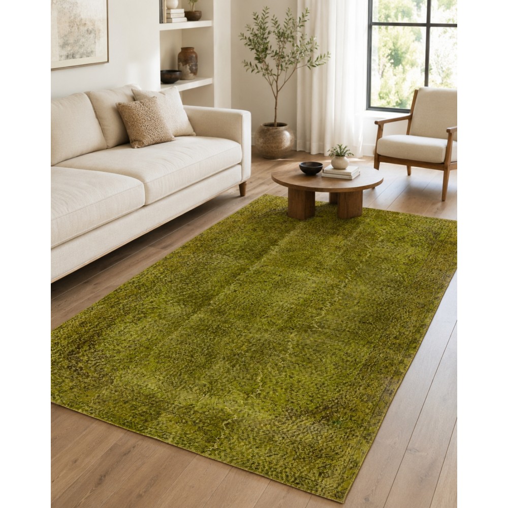 Handmade Upcycled Turkish Rug ReDyed in Light Green for Modern Interiors Handmade Upcycled Turkish Rug ReDyed in Light Green for Modern Interiors