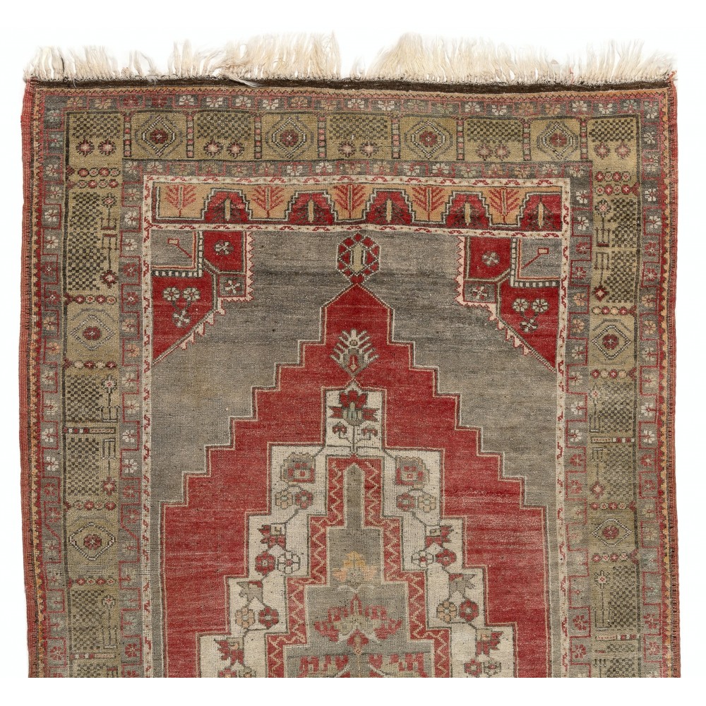 One-of-a-kind Vintage Hand-Knotted Turkish Oriental Rug in Brick Red, Gray and Sage, 100% Wool