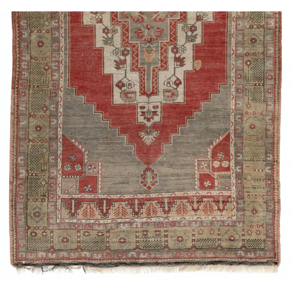 One-of-a-kind Vintage Hand-Knotted Turkish Oriental Rug in Brick Red, Gray and Sage, 100% Wool
