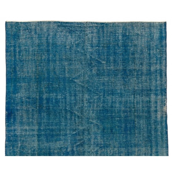 Distressed Hand-Knotted 1960s Turkish Area Rug Overdyed in Blue Colors