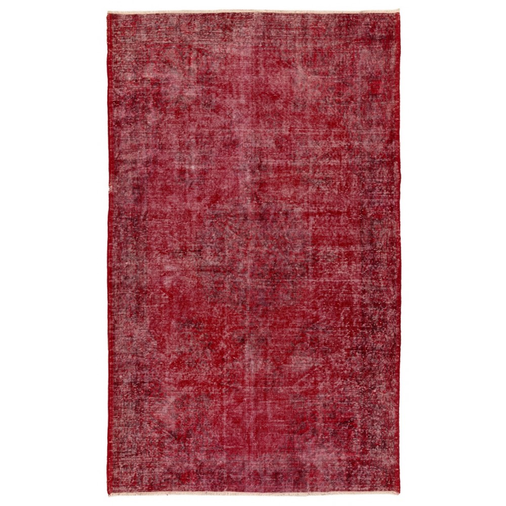 Distressed Vintage Handmade Turkish Rug Over-dyed in Red Color. Woolen Floor Covering