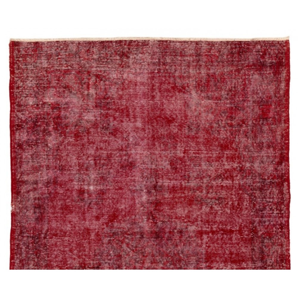 Distressed Vintage Handmade Turkish Rug Over-dyed in Red Color. Woolen Floor Covering