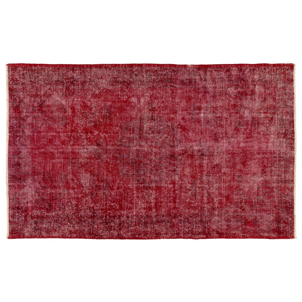 Distressed Vintage Handmade Turkish Rug Over-dyed in Red Color. Woolen Floor Covering