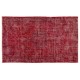 Distressed Vintage Handmade Turkish Rug Over-dyed in Red Color. Woolen Floor Covering