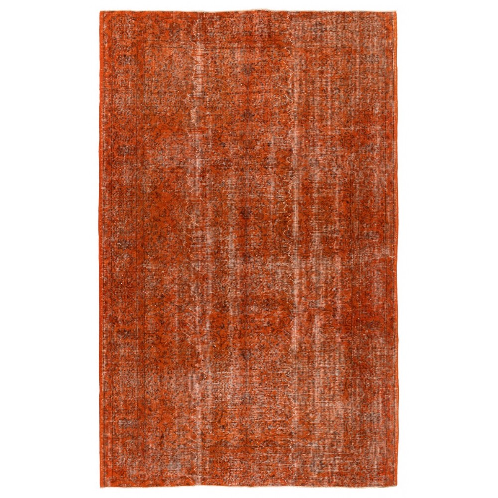 Distressed Vintage Handmade Turkish Rug Over-dyed in Orange Color