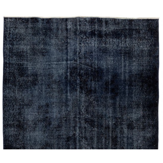 Vintage Minimalist Distressed Handmade Wool Rug Overdyed in Navy Blue