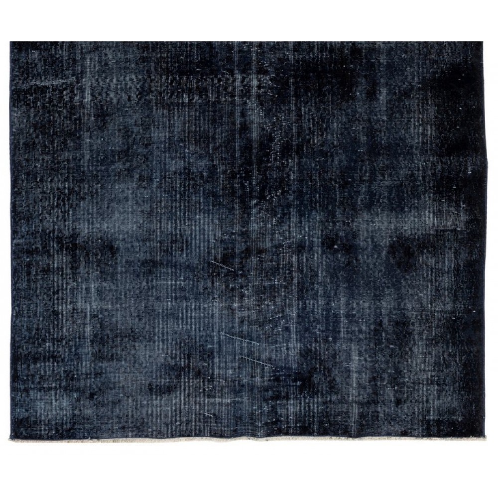 Vintage Minimalist Distressed Handmade Wool Rug Overdyed in Navy Blue