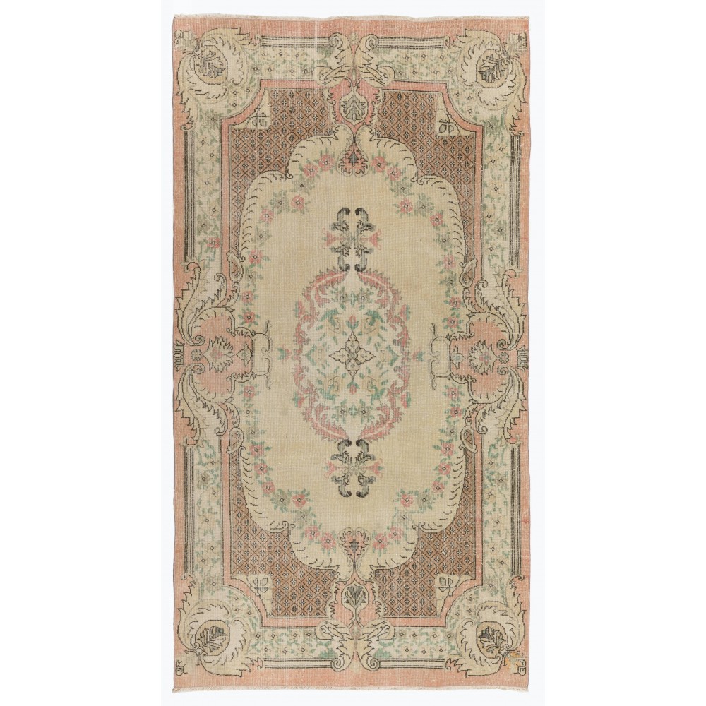 Aubusson Inspired Vintage Handmade Turkish Rug in Peach, Pale Yellow