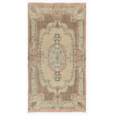 Aubusson Inspired Vintage Handmade Turkish Rug in Peach, Pale Yellow
