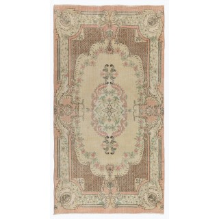 Aubusson Inspired Vintage Handmade Turkish Rug in Peach, Pale Yellow