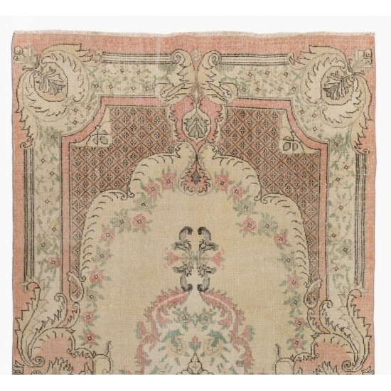 Aubusson Inspired Vintage Handmade Turkish Rug in Peach, Pale Yellow