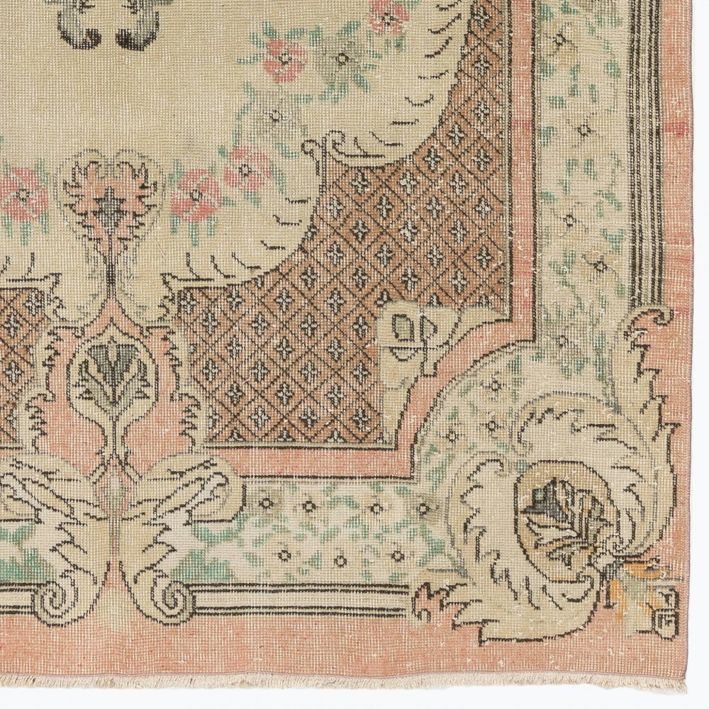 Aubusson Inspired Vintage Handmade Turkish Rug in Peach, Pale Yellow