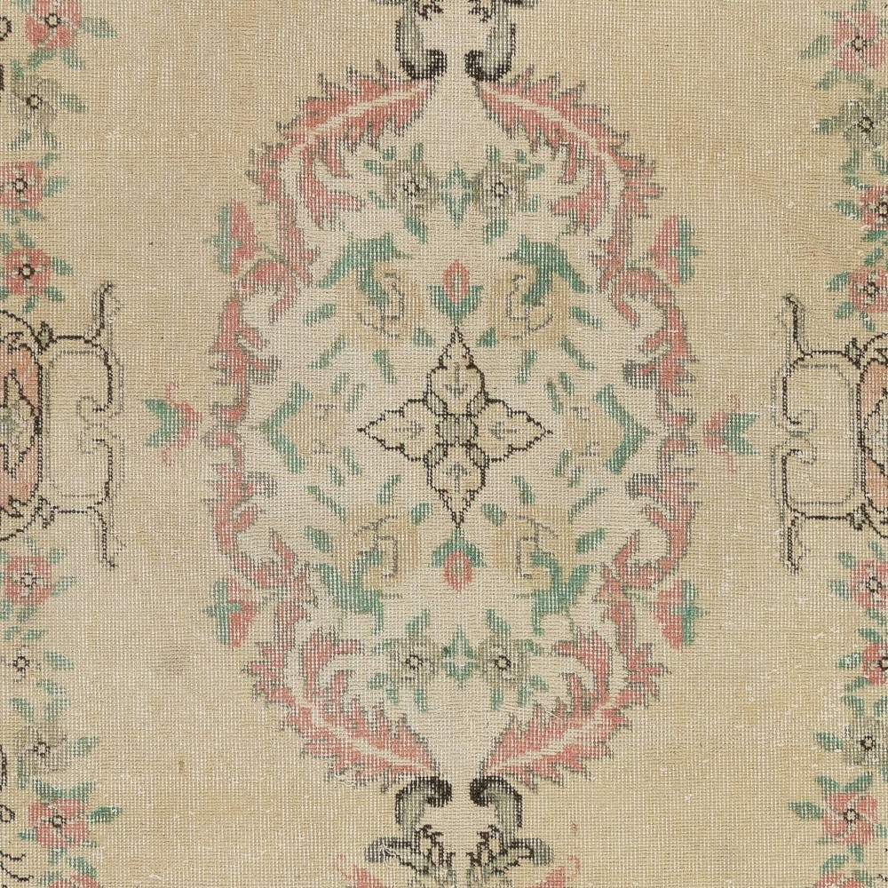 Aubusson Inspired Vintage Handmade Turkish Rug in Peach, Pale Yellow