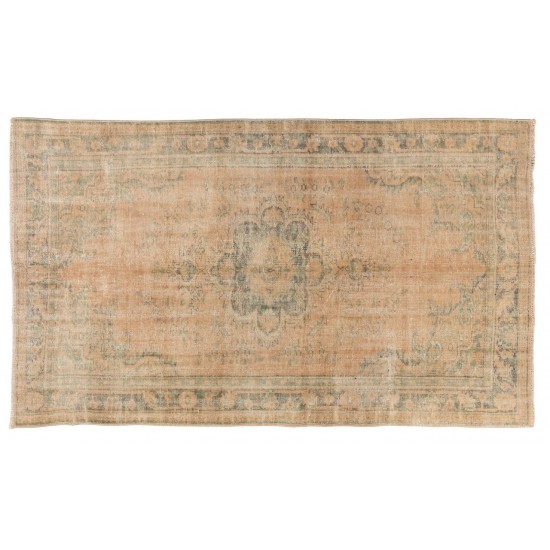 Distressed Hand-Knotted Vintage Wool Oushak Rug in Orange, Green