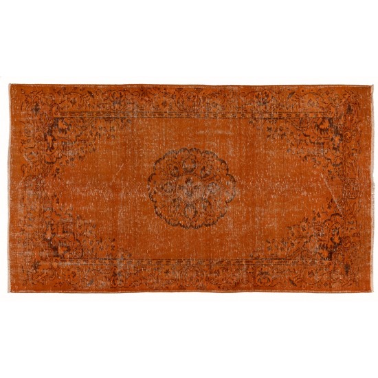 Vintage Handmade Turkish Rug Over-dyed in Orange Color. Woolen Floor Covering