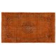 Vintage Handmade Turkish Rug Over-dyed in Orange Color. Woolen Floor Covering