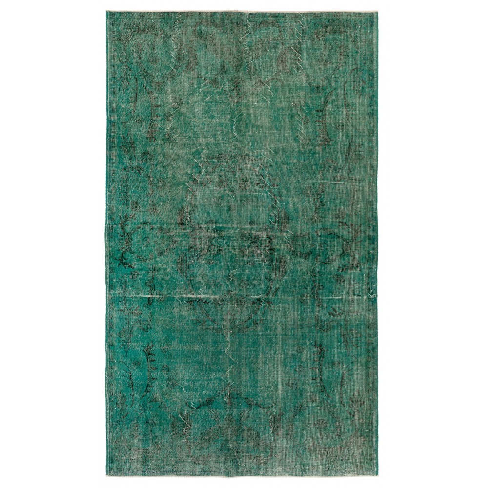 Handmade Vintage Rug Over-Dyed Teal Color. Wool Carpet for Modern Interiors