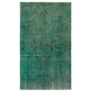 Handmade Vintage Rug Over-Dyed Teal Color. Wool Carpet for Modern Interiors