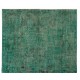 Handmade Vintage Rug Over-Dyed Teal Color. Wool Carpet for Modern Interiors