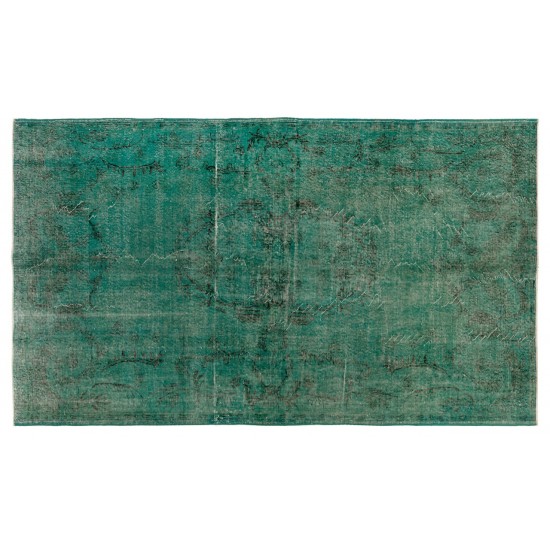 Handmade Vintage Rug Over-Dyed Teal Color. Wool Carpet for Modern Interiors