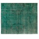 Handmade Vintage Rug Over-Dyed Teal Color. Wool Carpet for Modern Interiors