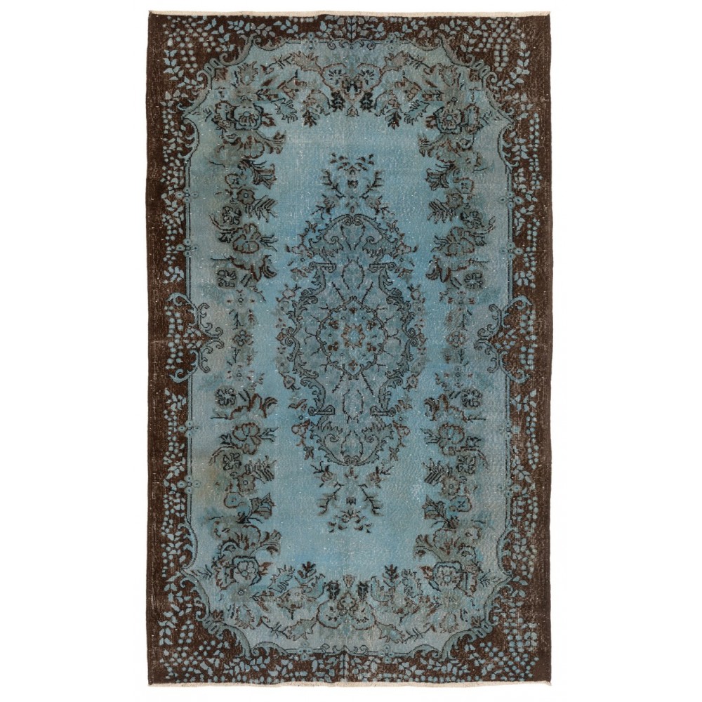 Denim Blue Re-Dyed Handmade Turkish Rug. Vintage Baroque Design Carpet