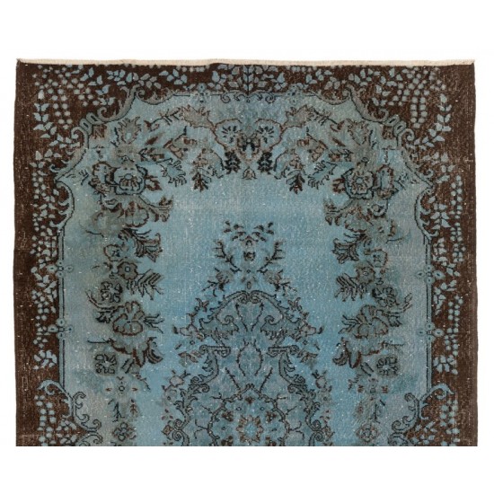 Denim Blue Re-Dyed Handmade Turkish Rug. Vintage Baroque Design Carpet