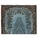 Denim Blue Re-Dyed Handmade Turkish Rug. Vintage Baroque Design Carpet